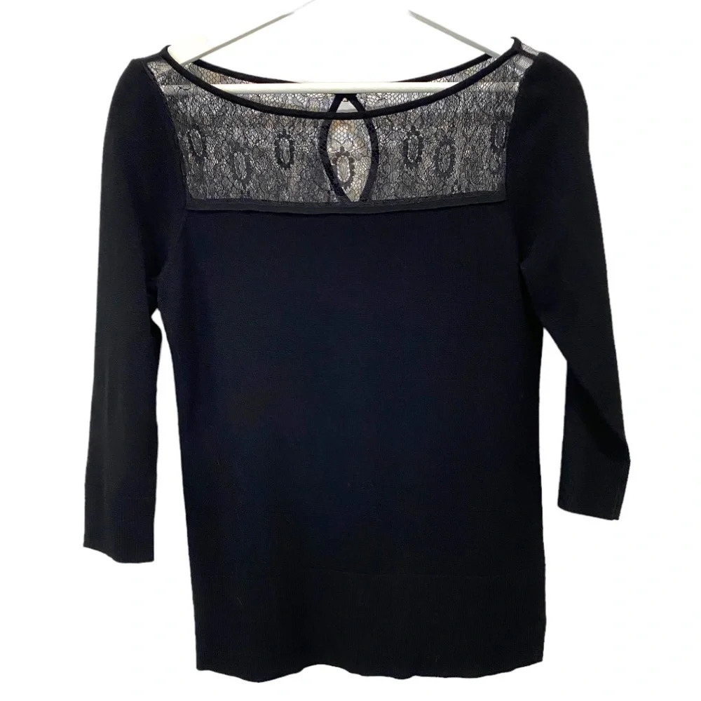 WHBM Lace Keyhole Neck and Ribbed Black Fitted 3/4 Sleeve Sweater Size S